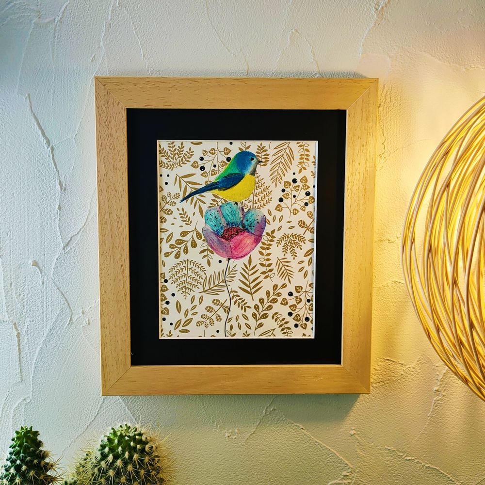 Autres décorations murales - Petit oiseau et sa fleur – Dessin encadré - L'ATELIER DES CREATEURS