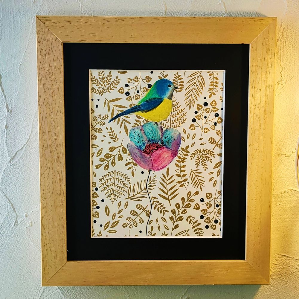 Autres décorations murales - Petit oiseau et sa fleur – Dessin encadré - L'ATELIER DES CREATEURS