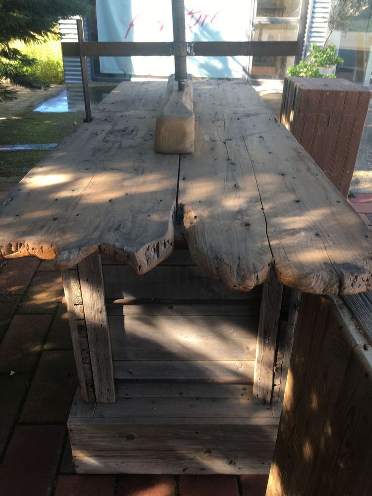 Outdoor decorative accessories - bar, wheeled servery, old Greek wooden machine, tobacco leaf press, since 1910, with extensions - SILO ART FACTORY