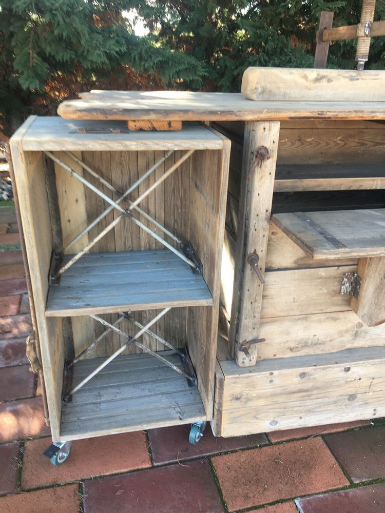 Outdoor decorative accessories - bar, wheeled servery, old Greek wooden machine, tobacco leaf press, since 1910, with extensions - SILO ART FACTORY