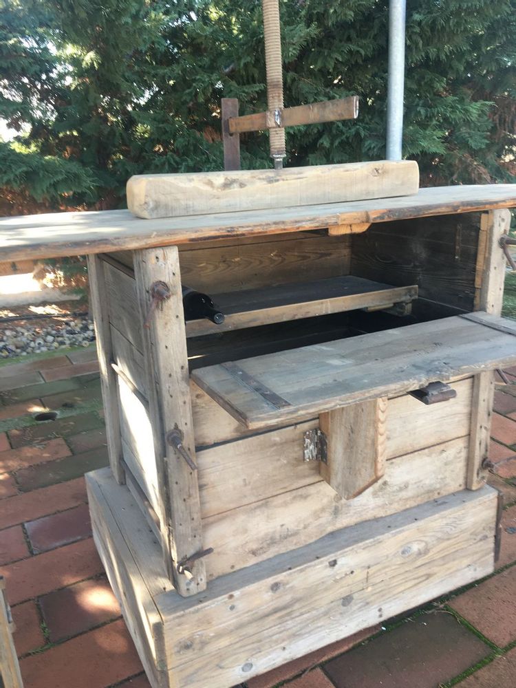 Outdoor decorative accessories - bar, wheeled servery, old Greek wooden machine, tobacco leaf press, since 1910, with extensions - SILO ART FACTORY