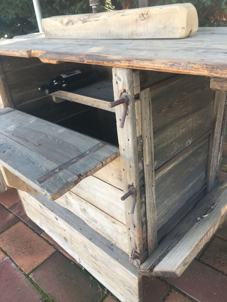 Outdoor decorative accessories - bar, wheeled servery, old Greek wooden machine, tobacco leaf press, since 1910, with extensions - SILO ART FACTORY