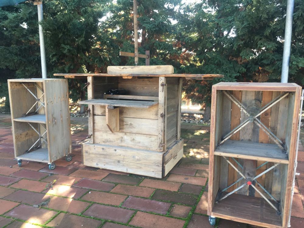 Outdoor decorative accessories - bar, wheeled servery, old Greek wooden machine, tobacco leaf press, since 1910, with extensions - SILO ART FACTORY