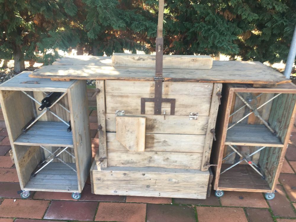 Outdoor decorative accessories - bar, wheeled servery, old Greek wooden machine, tobacco leaf press, since 1910, with extensions - SILO ART FACTORY