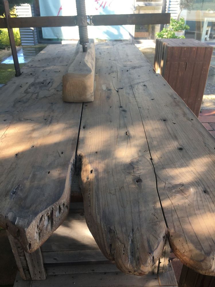 Outdoor decorative accessories - bar, wheeled servery, old Greek wooden machine, tobacco leaf press, since 1910, with extensions - SILO ART FACTORY