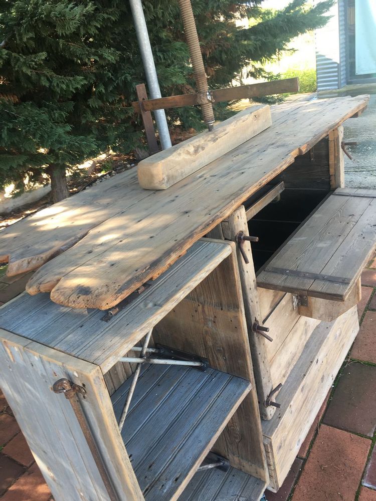 Outdoor decorative accessories - bar, wheeled servery, old Greek wooden machine, tobacco leaf press, since 1910, with extensions - SILO ART FACTORY