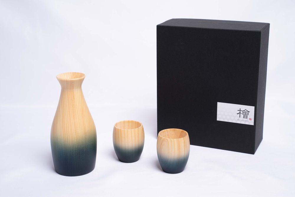 Glass - Indigo Hinoki Wood Bottle and Cup Set - AOLA