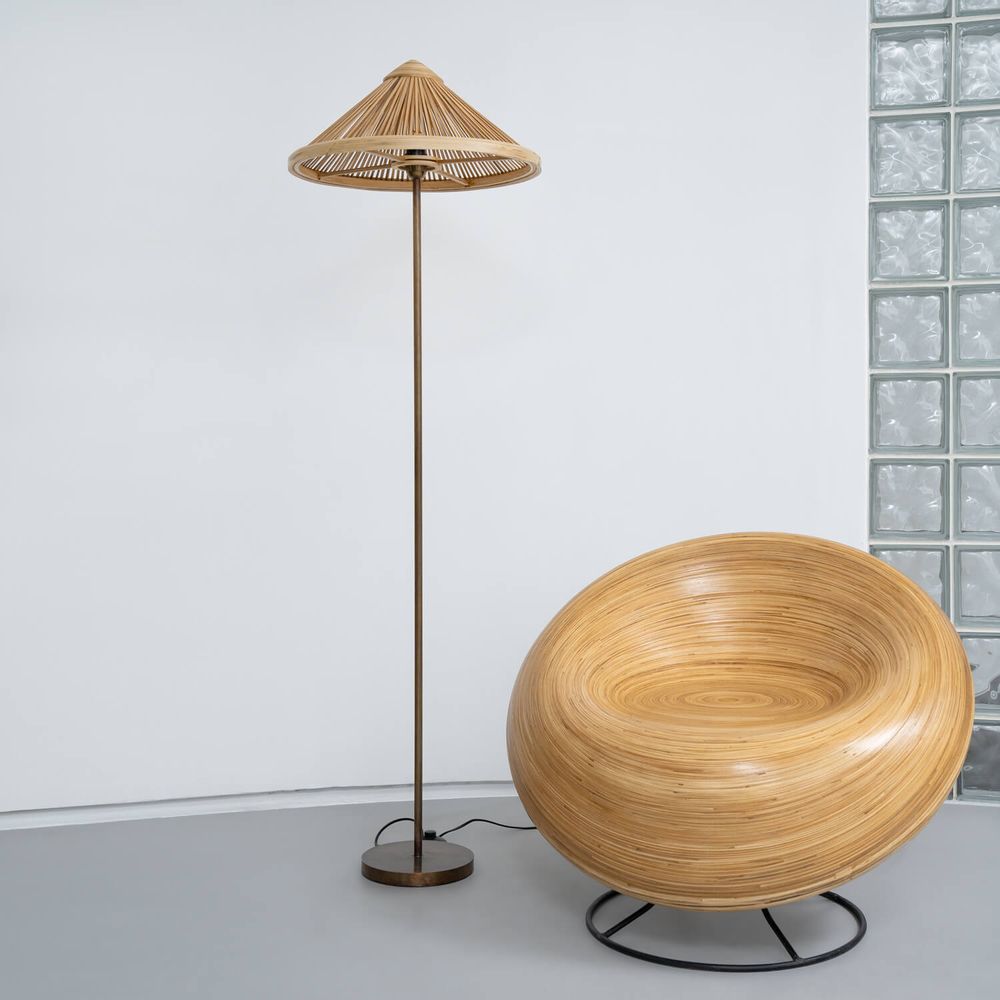 Decorative objects - OBORRO handcrafted floor and table lamp with bamboo lampshade on bronze stand coated with antique patina, table and floor light - BAMBUSA BALI