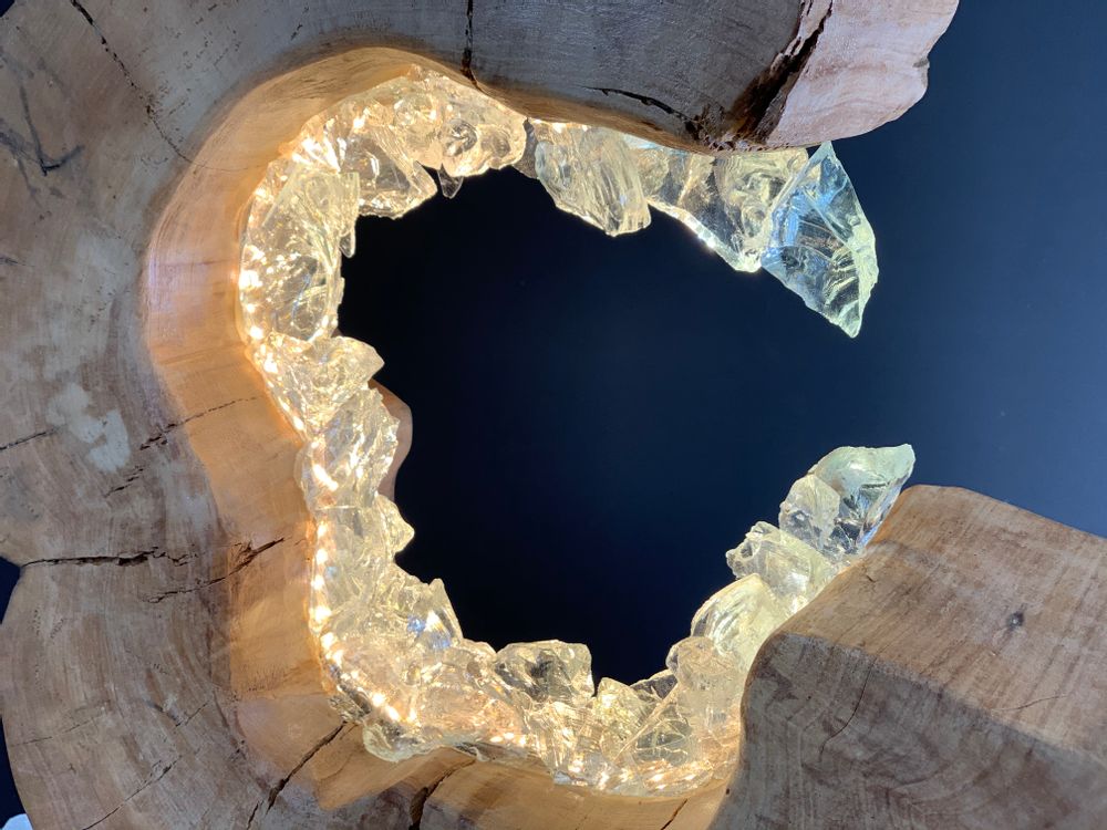 Lampes à poser - Anneau bois naturel en vague. bois, verre, lumière 40cm - ARANGO