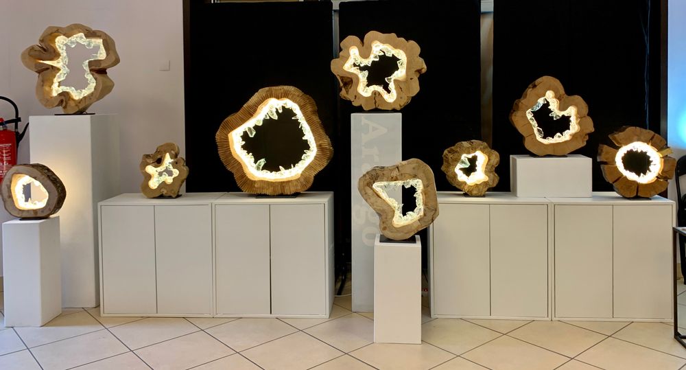 Lampes à poser - Anneau brut cercle 80 cm bois, verre, lumière - ARANGO