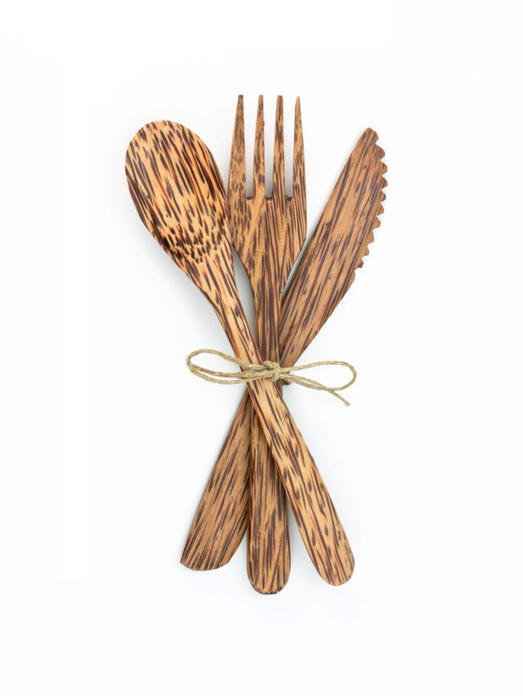 Kitchen utensils - 3 reusable coconut wood cutlery - PANDA PAILLES