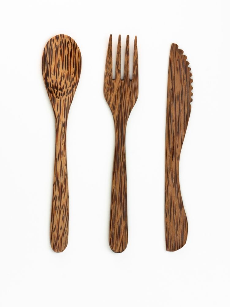 Kitchen utensils - 3 reusable coconut wood cutlery - PANDA PAILLES