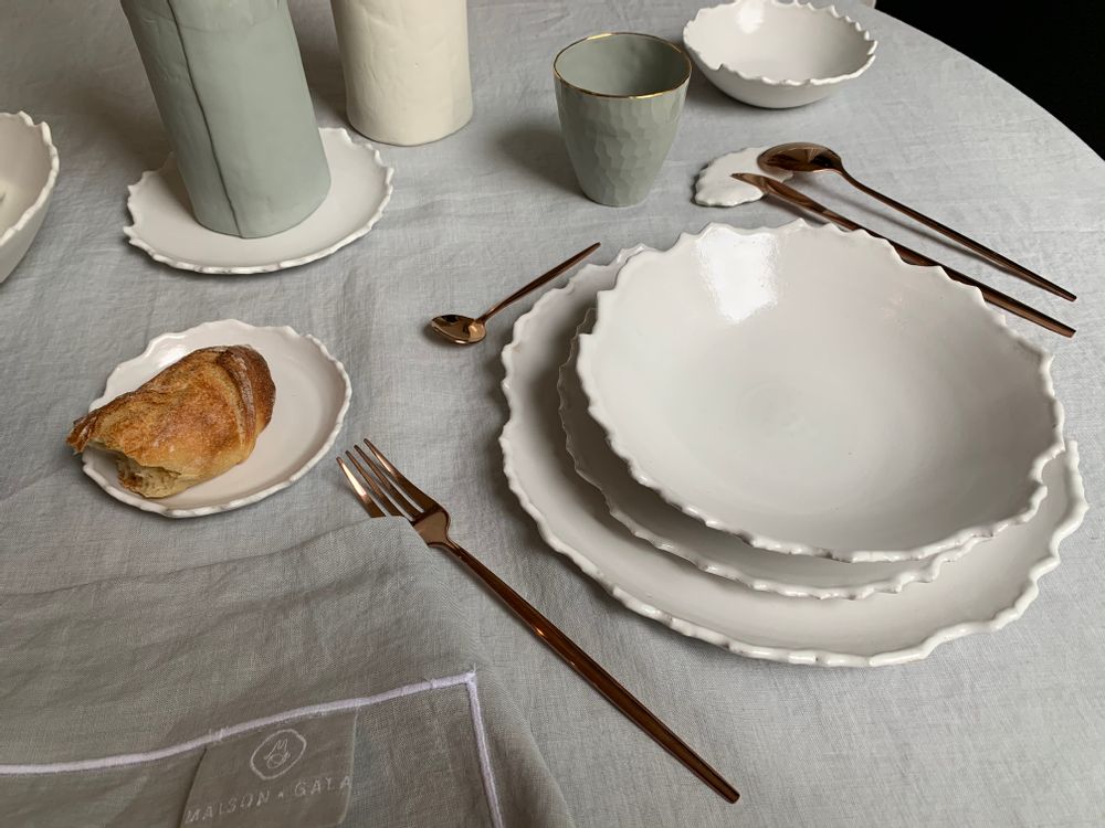 Table linen - HANDMADE EMBROIDERED TABLECLOTHS IN WASHED LINEN (“WASHED STONE”) - MAISON GALA