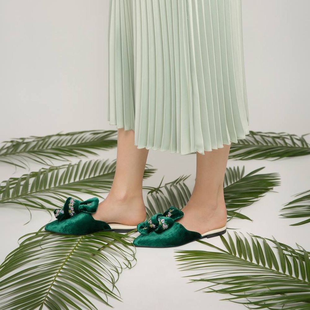 Shoes - Silk velvet Mules with a bow - RXBSHOES