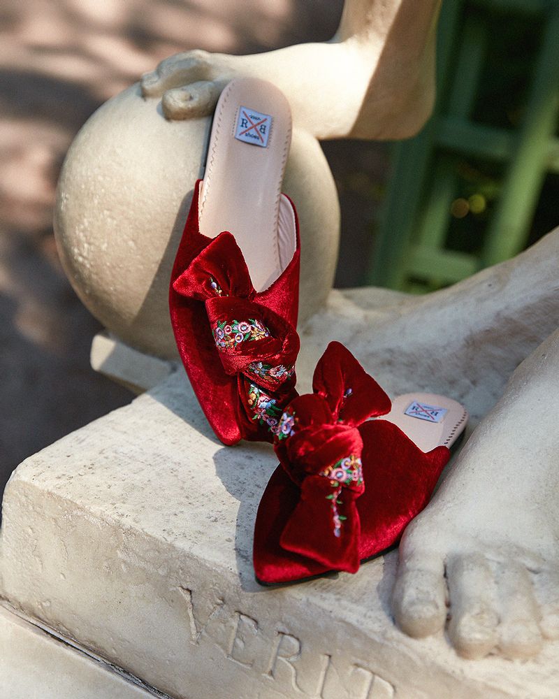 Shoes - Silk velvet Mules with a bow - RXBSHOES