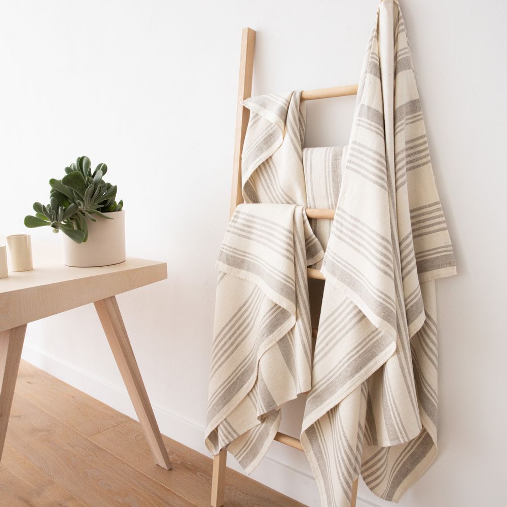 Bath towels - Huckaback Linen Bath & Hand Towels, Prewashed, Striped - LINENME