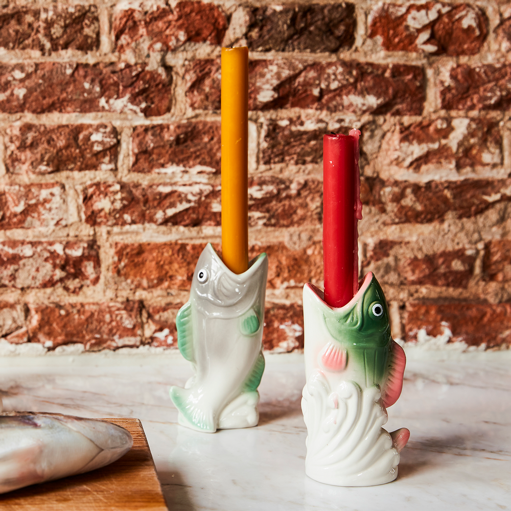 Objets de décoration - Bougeoir Poisson Gris & Rose - KITSCH KITCHEN