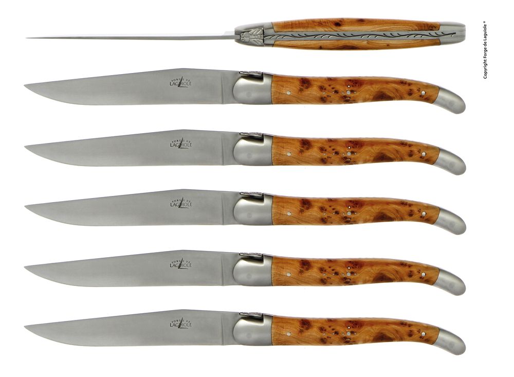 Couteaux - Couteaux de table en bois précieux, coffret de 6 : Olivier, Genévrier, Ebène, Thuya... - FORGE DE LAGUIOLE