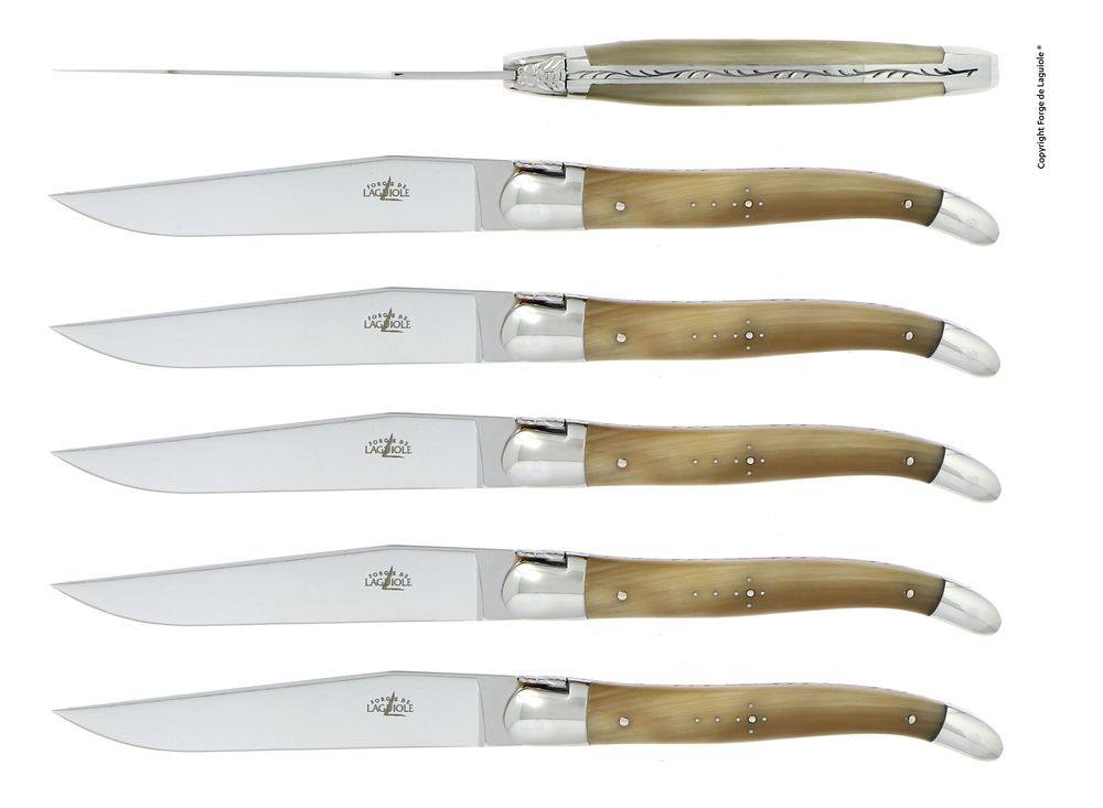 Cadeaux - Couteaux de table brillants en corne claire ou foncée, coffret de 6 - FORGE DE LAGUIOLE