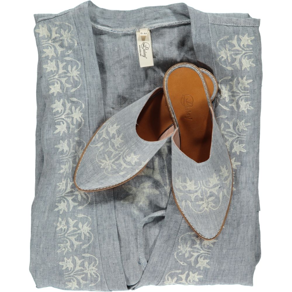 Homewear - CAFTAN AZRA HANDPRINTED HANDMADE LINEN HOMEWEAR SET LEATHER SHOE SLIPPER - LALAY