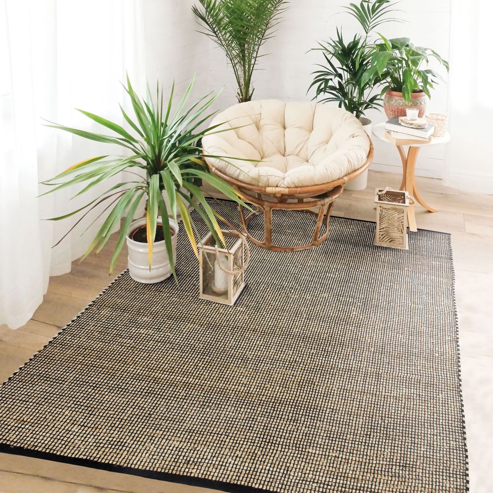 Tapis - TAPIS JUTE COTON - Tapis tissé en jute et coton noir et naturel 120x170  - ALECTO