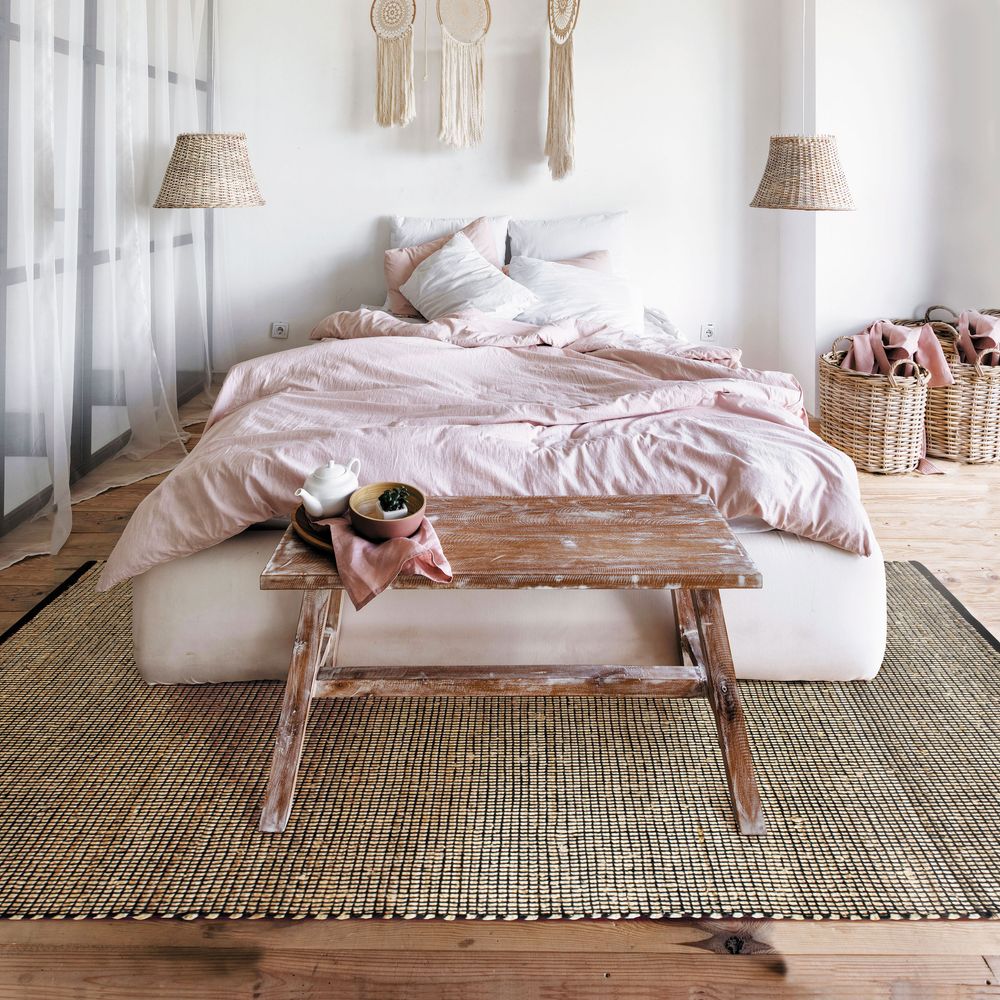 Tapis - TAPIS JUTE COTON - Tapis tissé en jute et coton noir et naturel 190x290 - ALECTO