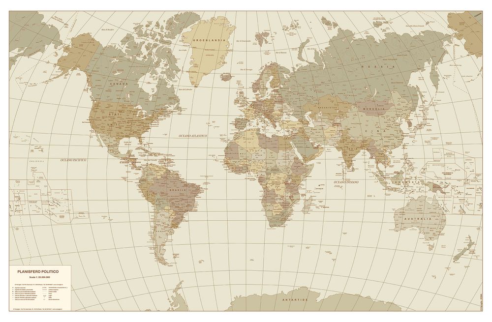Poster - Map of the political world with sepia colors  - CARTOGRAFICA VISCEGLIA