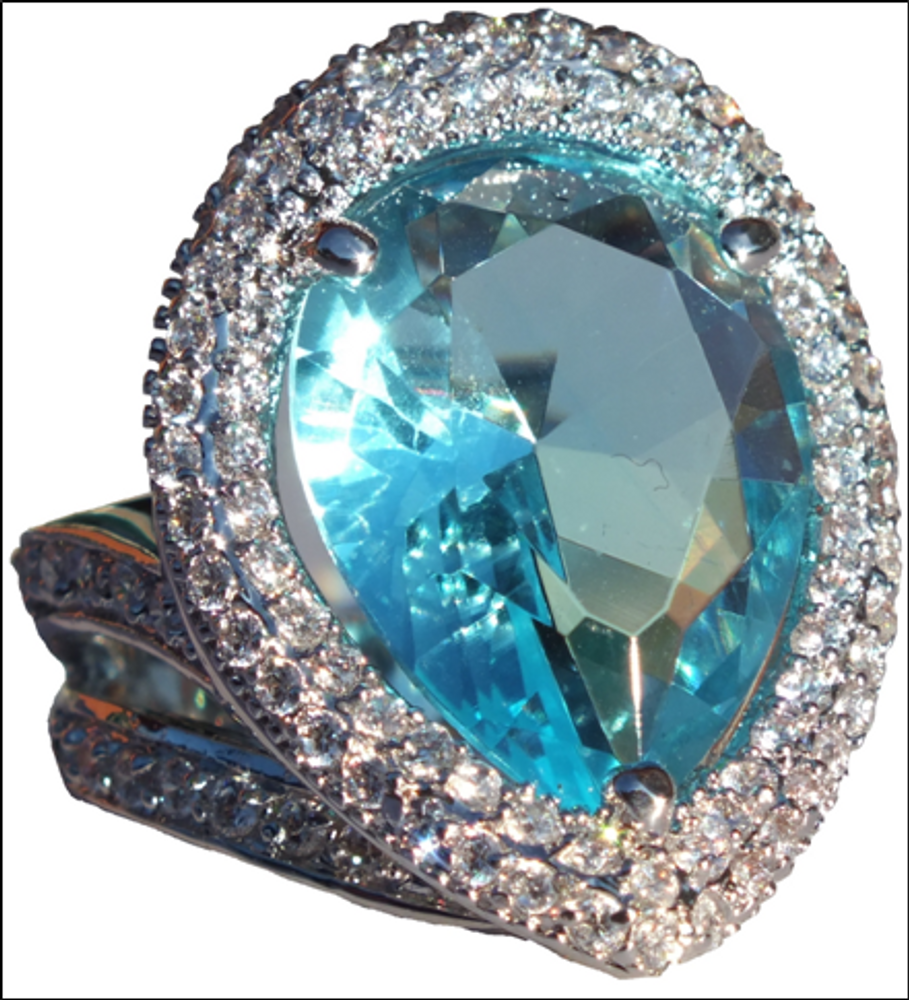 Bijoux - Bagues plaquées rhodium avec zircone cubique pavé et pierre facettée d'eau de mer - L'OFFICIEL SRL