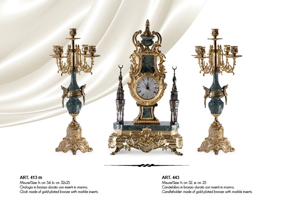 Clocks - art. 412/... Table clocks with candleholder, marble and bronze  - OLYMPUS BRASS