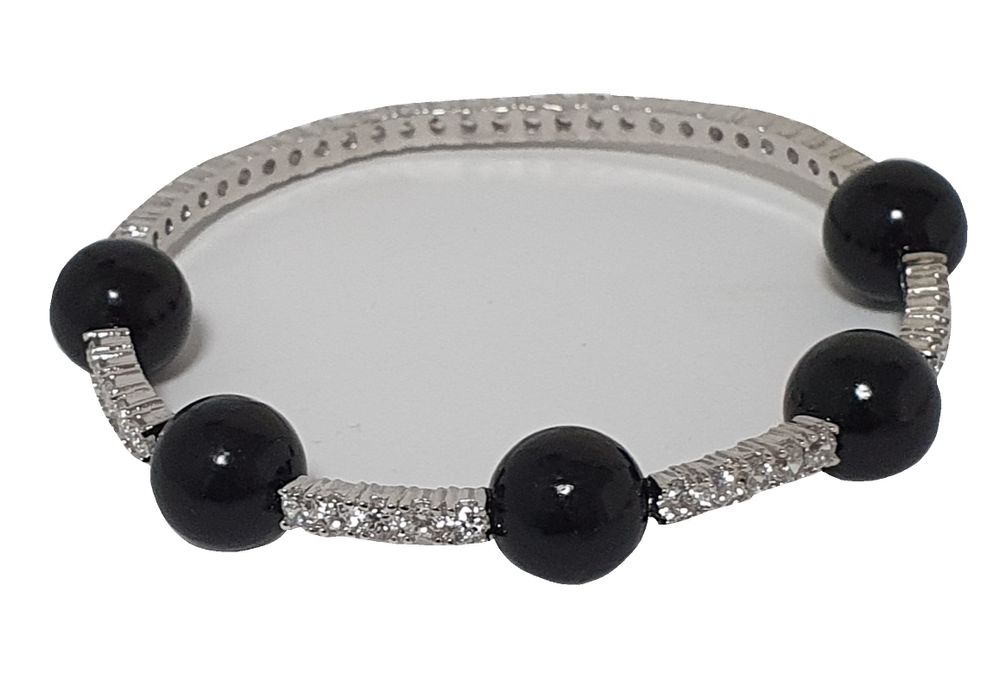 Bijoux - Bracelet plaqué rhodium avec serti de zircones cubiques et perles noires - L'OFFICIEL SRL