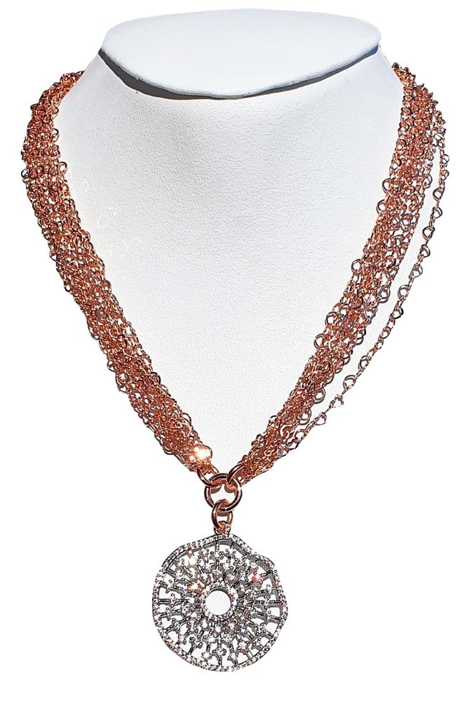 Bijoux - Collier multi-rangs en plaqué rose avec centre rond avec zircones pavé - L'OFFICIEL SRL