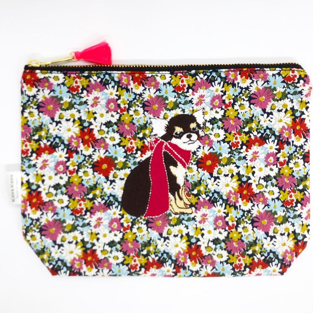 Clutches - Embroidered Liberty Print Fabric Pouch - Chihuahua, Maltese, Cello Cat - KEORA KEORA GOODS JP