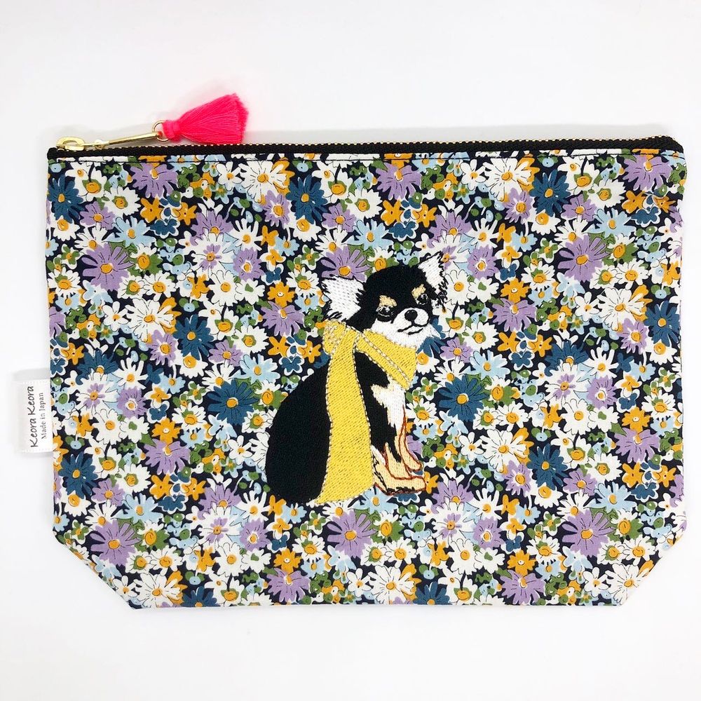 Clutches - Embroidered Liberty Print Fabric Pouch - Chihuahua, Maltese, Cello Cat - KEORA KEORA GOODS JP