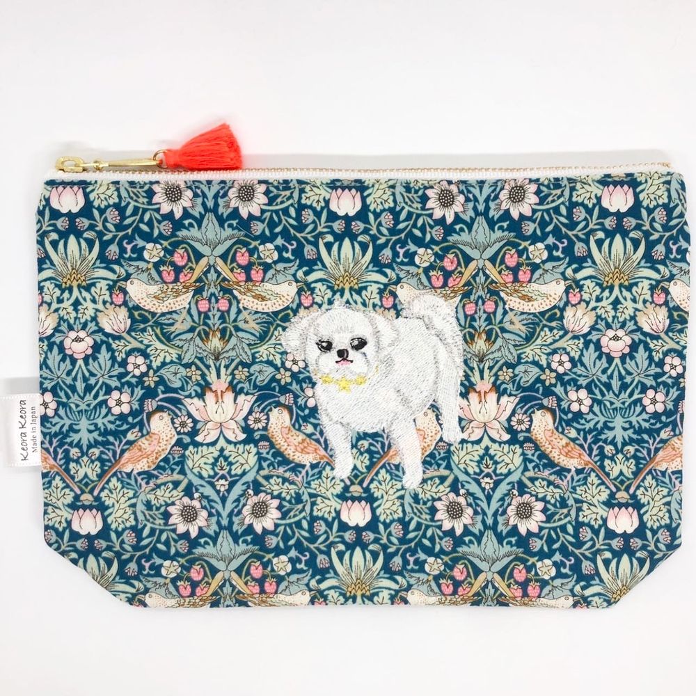 Clutches - Embroidered Liberty Print Fabric Pouch - Chihuahua, Maltese, Cello Cat - KEORA KEORA GOODS JP