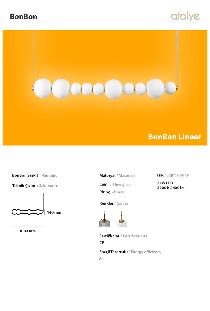 Ceiling lights - Bonbon Linear Large White Glass - ATOLYE STORE