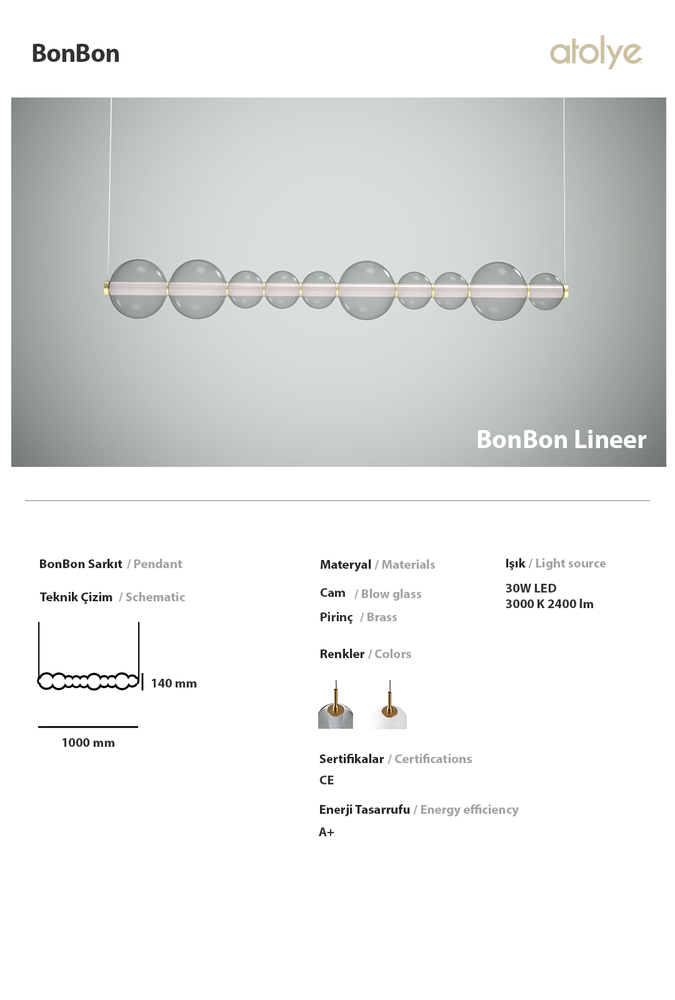 Ceiling lights - Bonbon Linear Large Smoke Glass - ATOLYE STORE