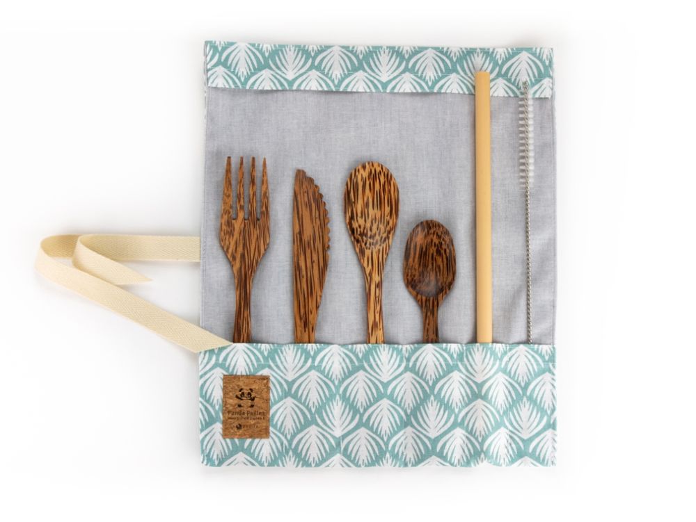 Couverts & ustensiles de cuisine - Pochette cousue main en France et couverts naturels en bambou ou bois de cocotier - PANDA PAILLES