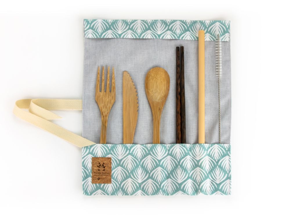 Couverts & ustensiles de cuisine - Pochette cousue main en France et couverts naturels en bambou ou bois de cocotier - PANDA PAILLES