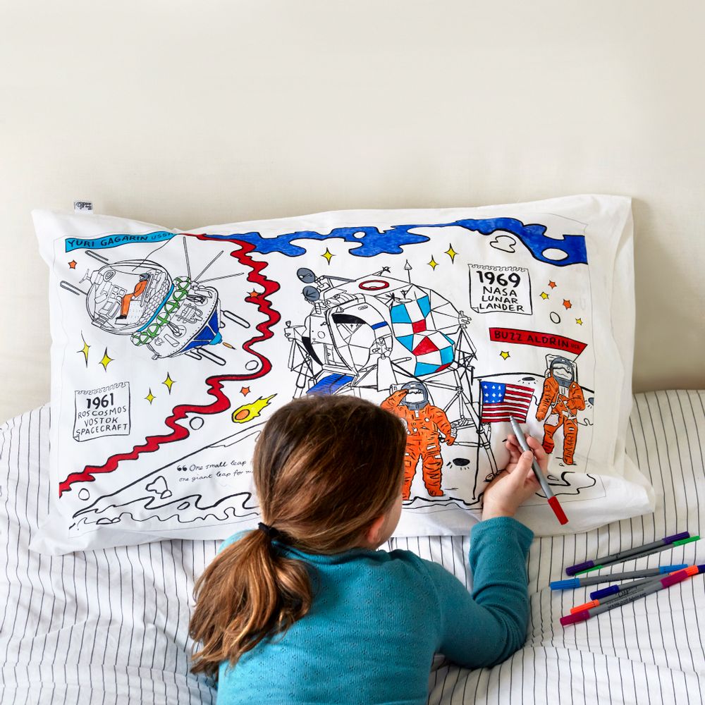 Children's arts and crafts - colour-in space explorer pillowcase - EATSLEEPDOODLE