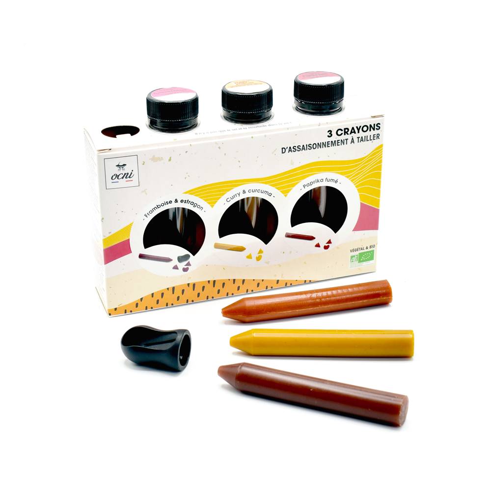 Épicerie fine - Coffret d'Assaisonnements à tailler 3 crayons Gastronaute : Framboise & estragon, Curry & curcuma, Paprika fumé – Biologique. - OCNI FACTORY