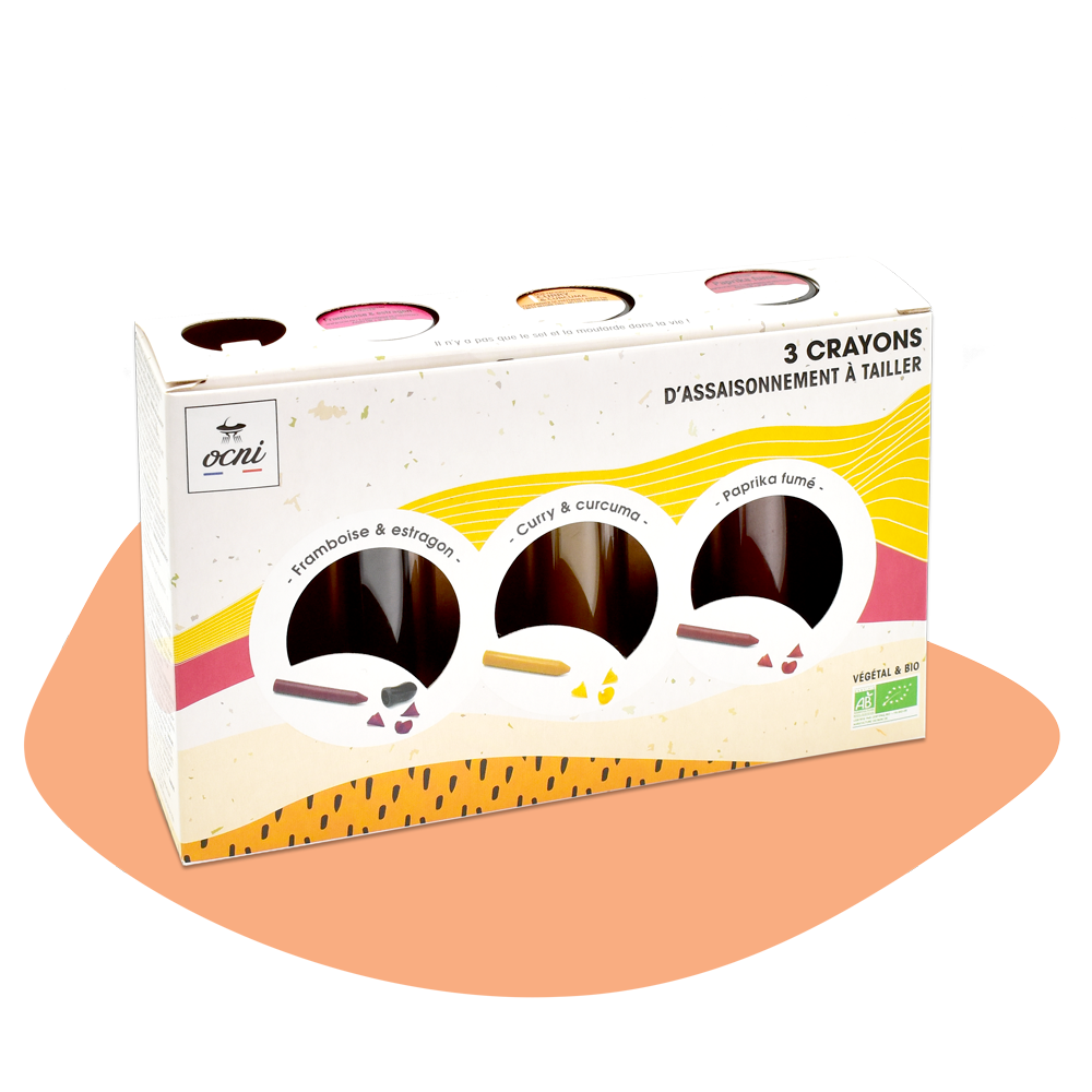 Épicerie fine - Coffret d'Assaisonnements à tailler 3 crayons Gastronaute : Framboise & estragon, Curry & curcuma, Paprika fumé – Biologique. - OCNI FACTORY