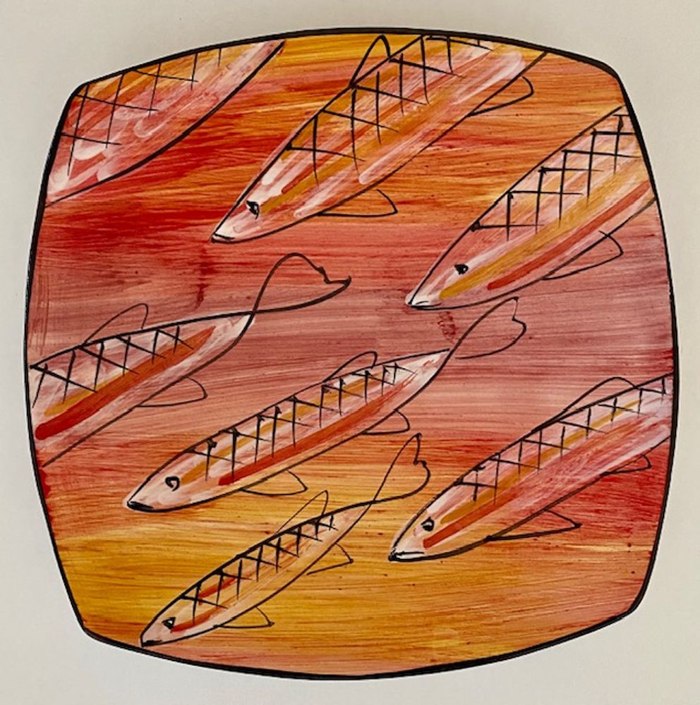 Ceramic - Hand-painted ceramic sushi plate cm30x30 ''Little fishes''. - CERASELLA CERAMICHE
