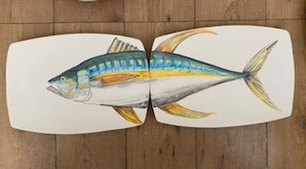 Assiettes de réception - Paire de plateaux de sushi en céramique peinte à la main 38x22 cm, « le poisson en deux ». - CERASELLA CERAMICHE