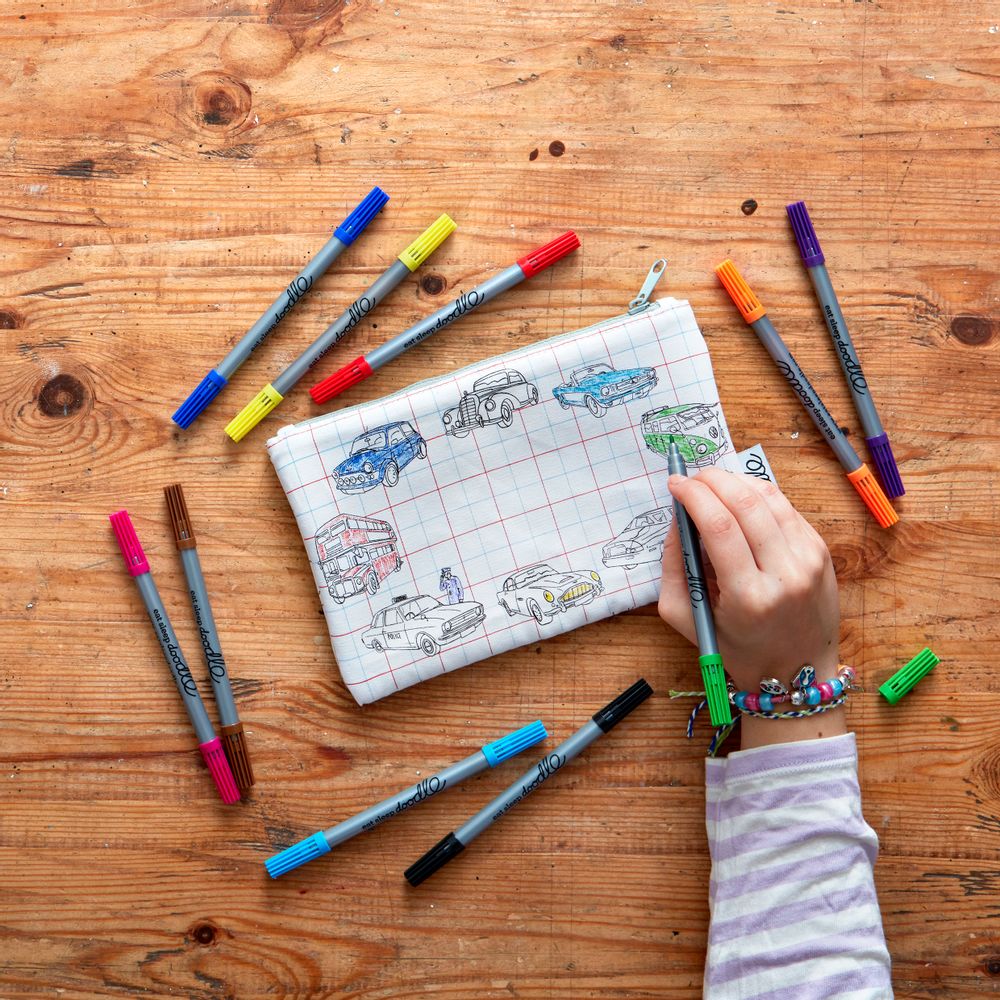 Children's arts and crafts - colour-in cars, trucks and tractor pencil case - EATSLEEPDOODLE