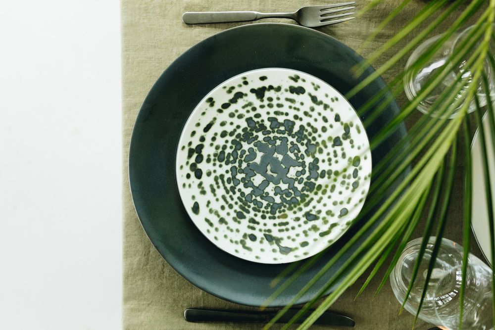 Everyday plates - Rainforest green metallic dessert plate on black ceramic - REVOL