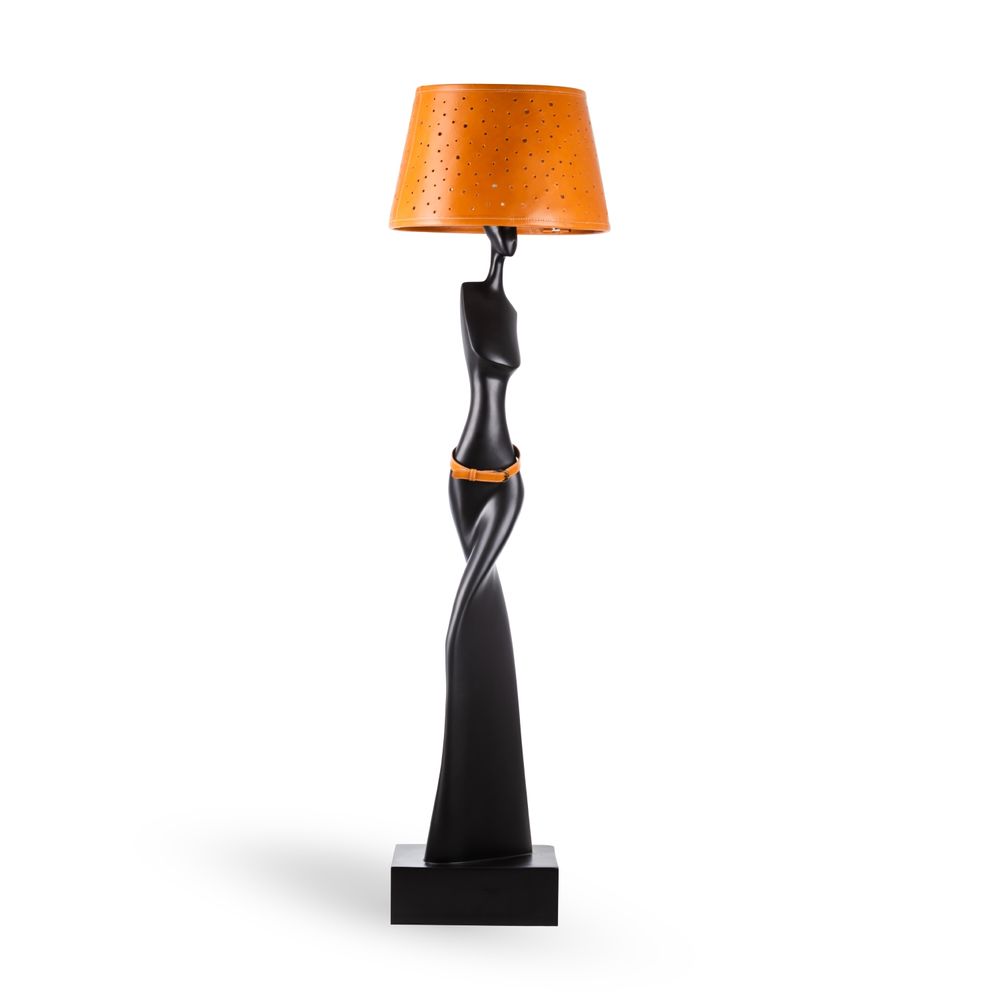Sculptures, statuettes and miniatures - Floor lamp TINNIT statuette resin brown, conical lampshade head in leather Camel - GLADYS