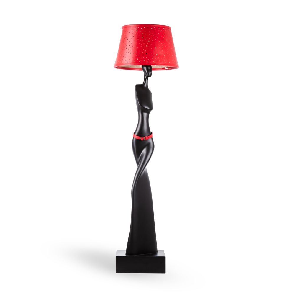 Objets design - Lampadaire TINNIT statuette résine marron, tête d'abat-jour conique en cuir rouge - GLADYS