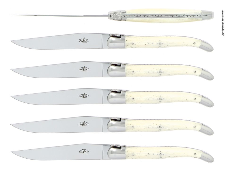 Knives - Table knives, high polished finish with Bone handle, set of 6 - FORGE DE LAGUIOLE