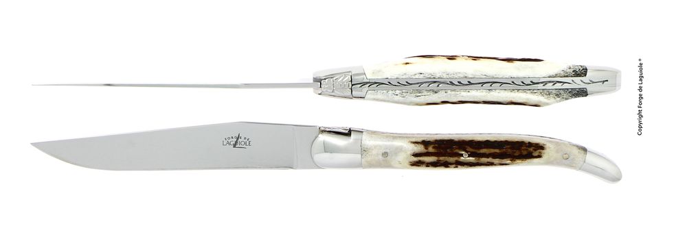 Gifts - Table knives, high polished finish with Deer antler handle, set of 6 - FORGE DE LAGUIOLE