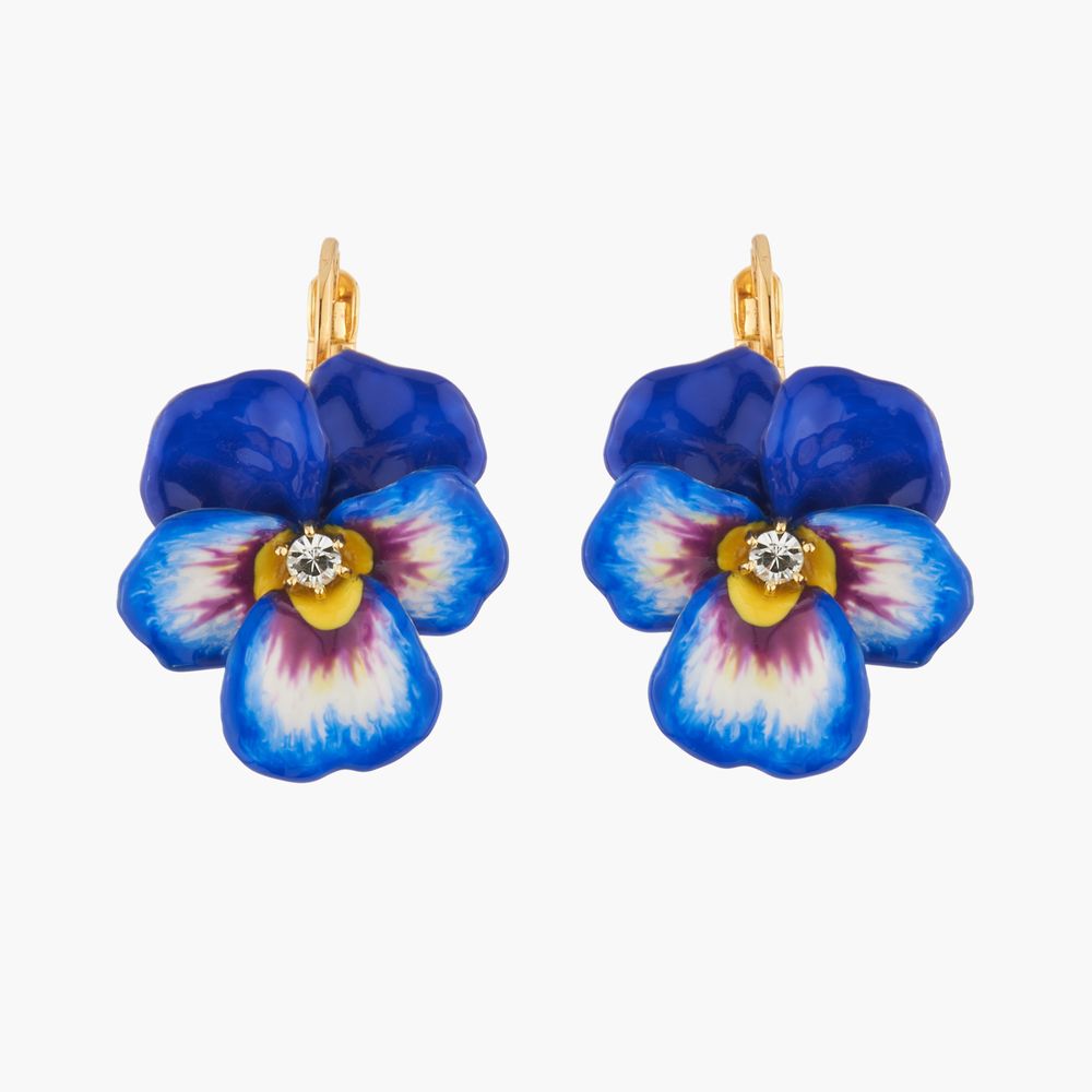 Jewelry - Blue pansy and faceted crystal dormeuses earrings - LES NÉRÉIDES PARIS